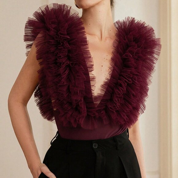 Burgundy Elegant Women's Party Sexy 3D Flower Bodysuit - Picture 1 of 7